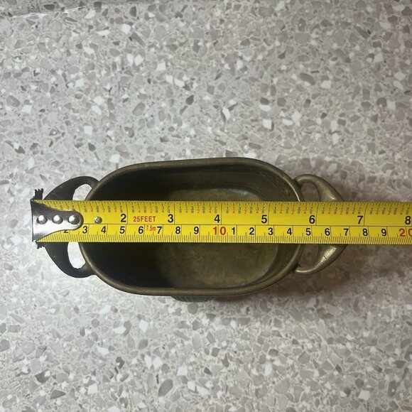 Small Brass Oval Planter Seashell Accent Handles Beautiful Patina 3” Tall Vtg - Picture 11 of 14